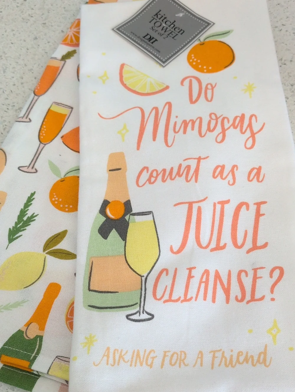 Kitchen Towel Set - White with Orange Mimosa Design 2 Towels